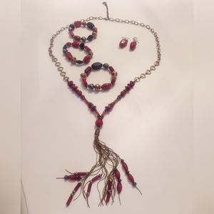 Erica Lyons jewelry red beaded necklace, 3 bracelets and earrings set